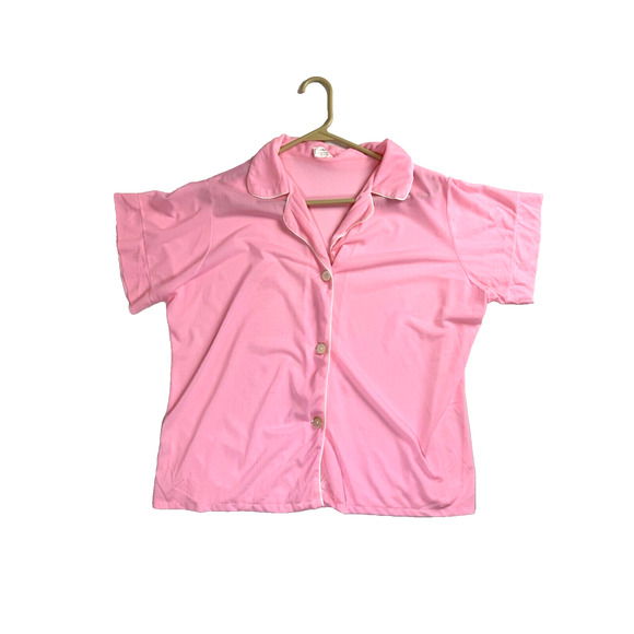 Vintage Women's Pajama Button Up Shirt Pink Silky Collared‎ Night Sleepshirt M - Picture 1 of 7